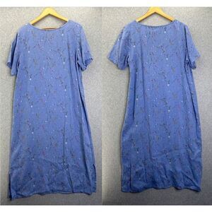 Russ Berens Malibu‎ Blue Linen Dress Size Large Midi Ditsy Floral Lagenlook Vntg